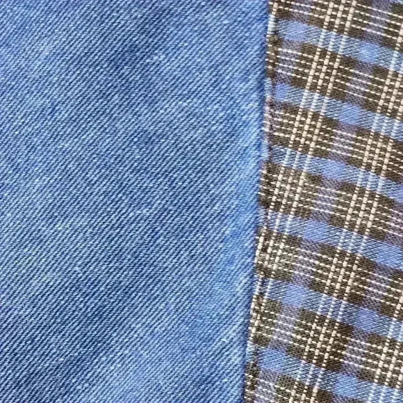 Wrangler denim& patterned banded collar button down shirt/ overshirt. Vintage L - Picture 7 of 7